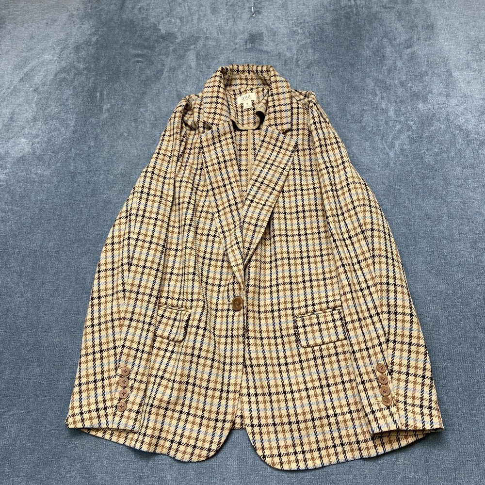 ANA Blazer Womens Medium Tan Brown Plaid Notch Lapel Long Sleeve Preppy Classic